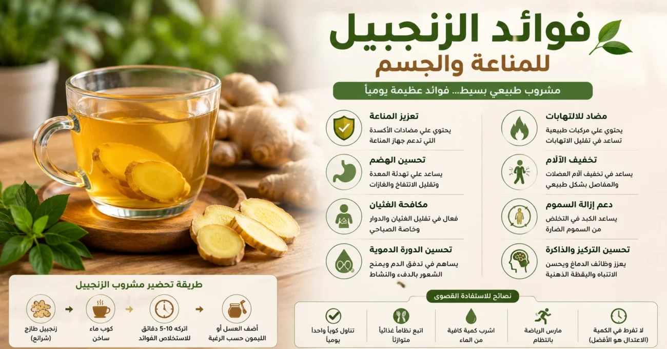 فوائد الزنجبيل للمناعة والجسم ومشروب الزنجبيل الصحي