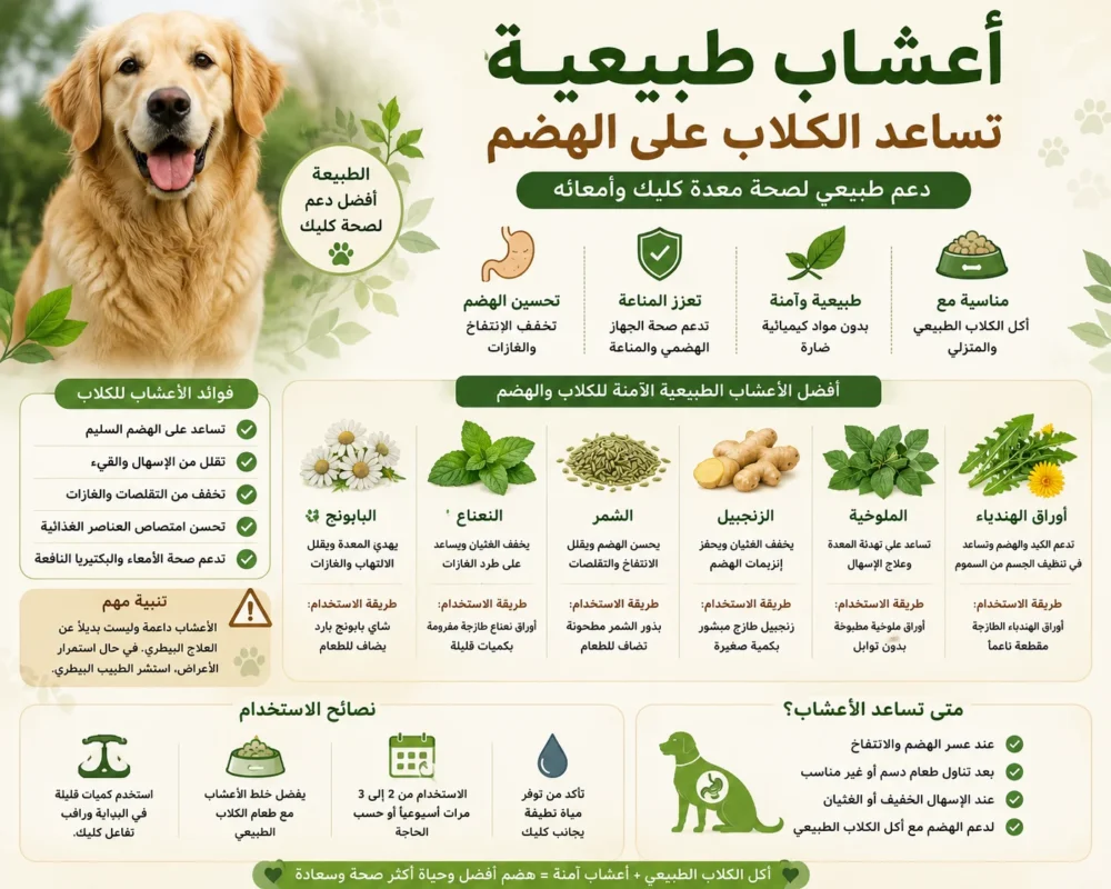 كلب بجوار أعشاب طبيعية آمنة تساعد على تحسين الهضم وصحة الجهاز الهضمي