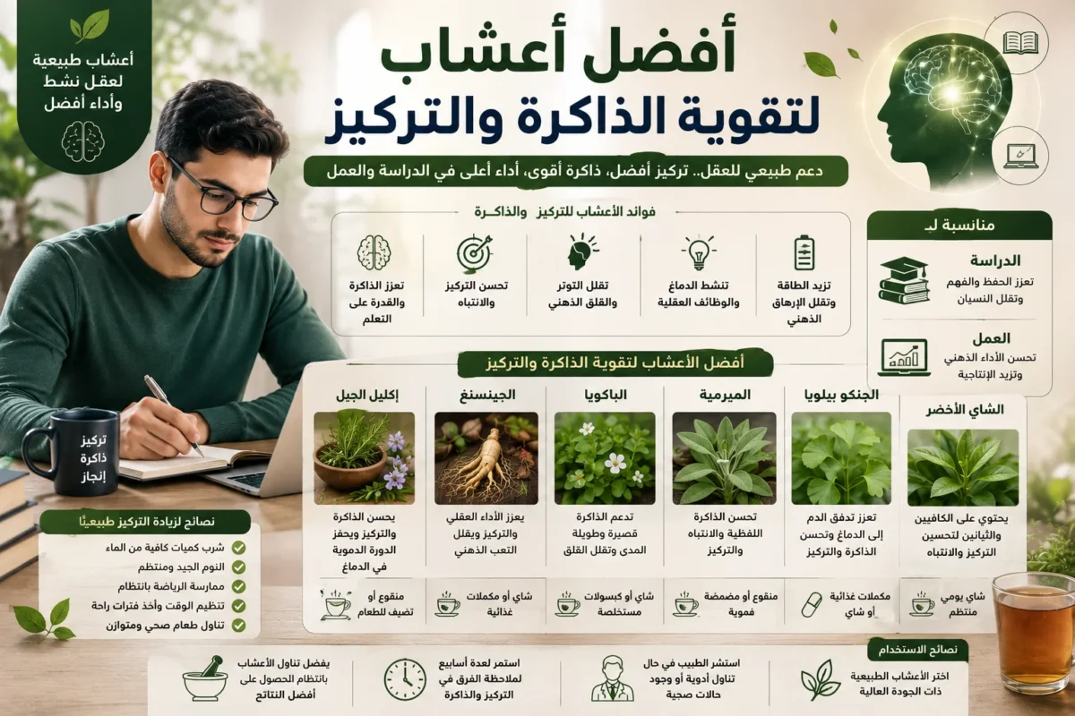 أفضل أعشاب لتقوية الذاكرة والتركيز دليل شامل للطلاب والمهنيين لزيادة الإنتاجية والتحصيل العلمي
