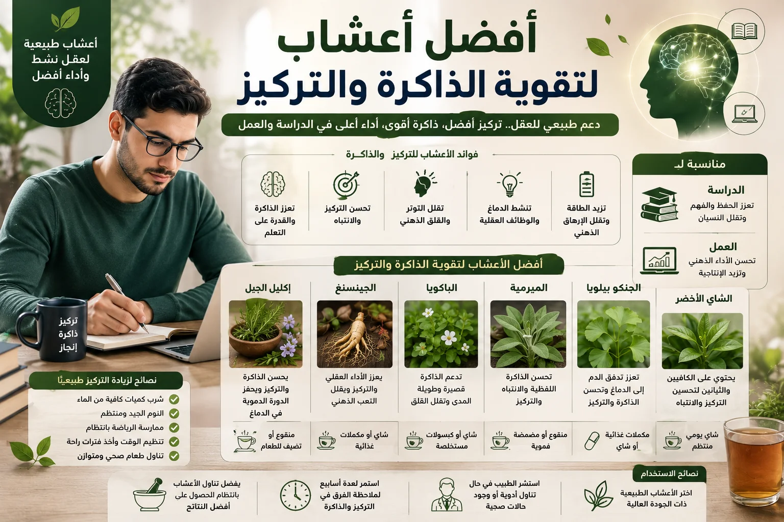 أفضل أعشاب لتقوية الذاكرة والتركيز دليل شامل للطلاب والمهنيين لزيادة الإنتاجية والتحصيل العلمي